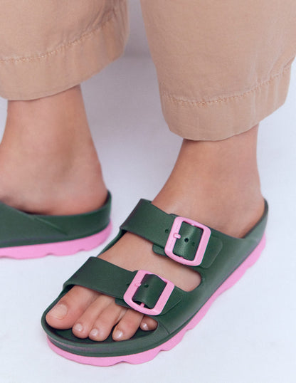 Lyla Double Buckle Sliders-Khaki/Pink