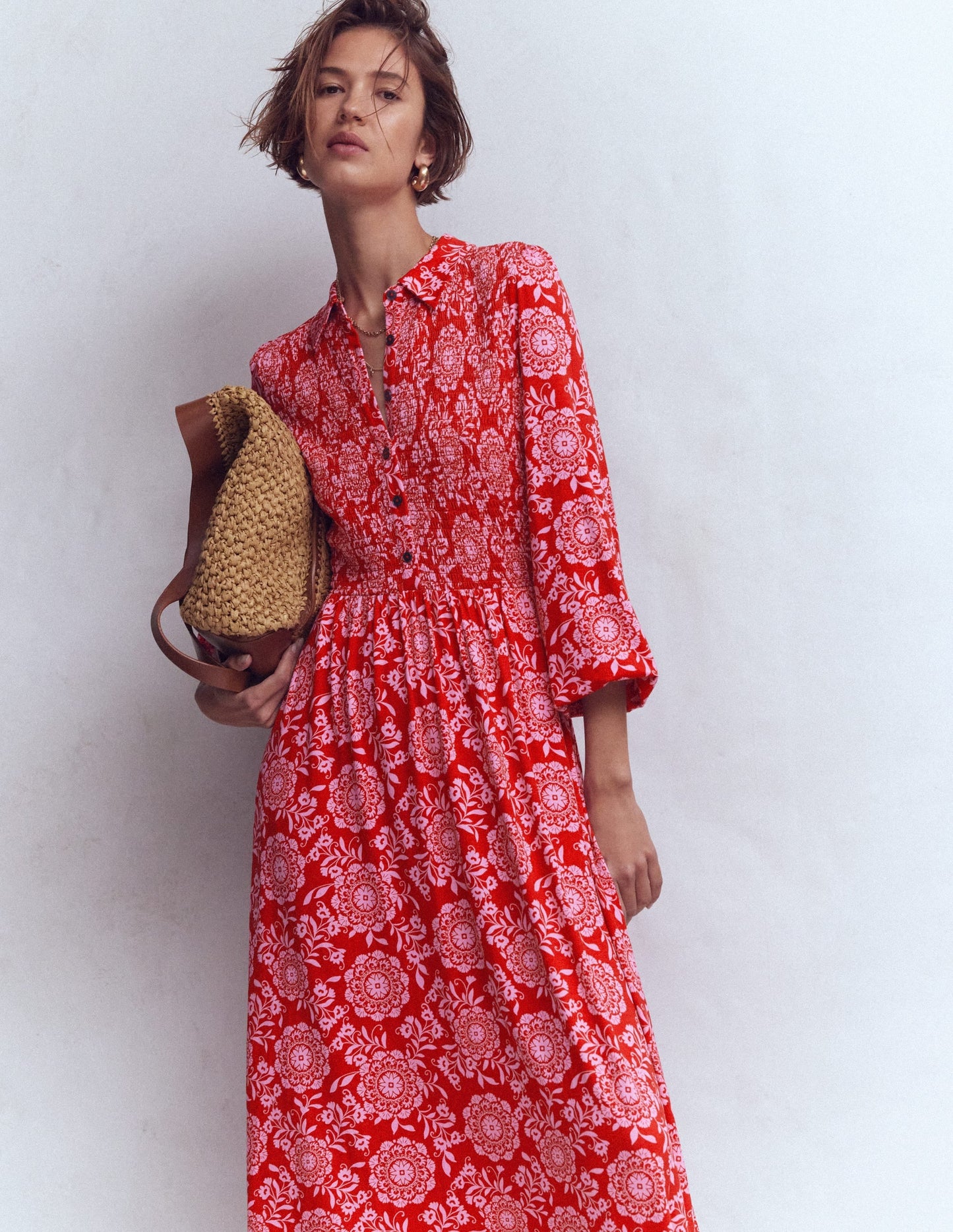 Camilla Smocked Jersey Dress-Merida Red, Decorative Blossom