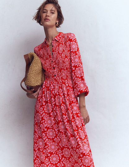 Camilla Smocked Jersey Dress-Merida Red, Decorative Blossom
