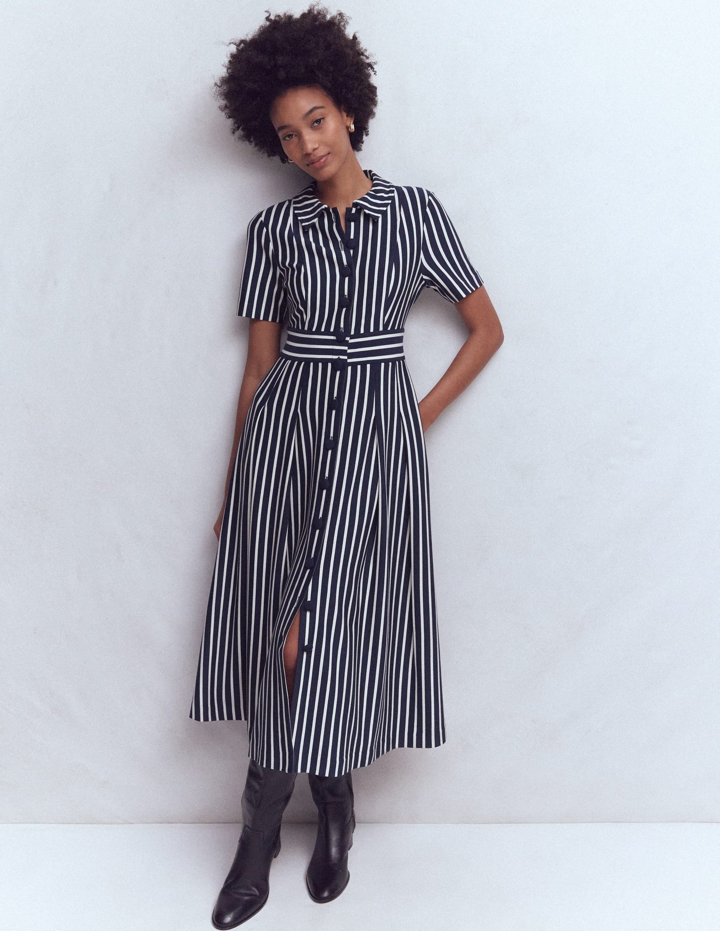Bridget Ponte Shirt Dress-Navy and Ivory Stripe
