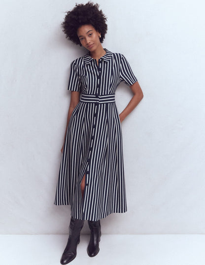 Bridget Ponte Shirt Dress-Navy and Ivory Stripe