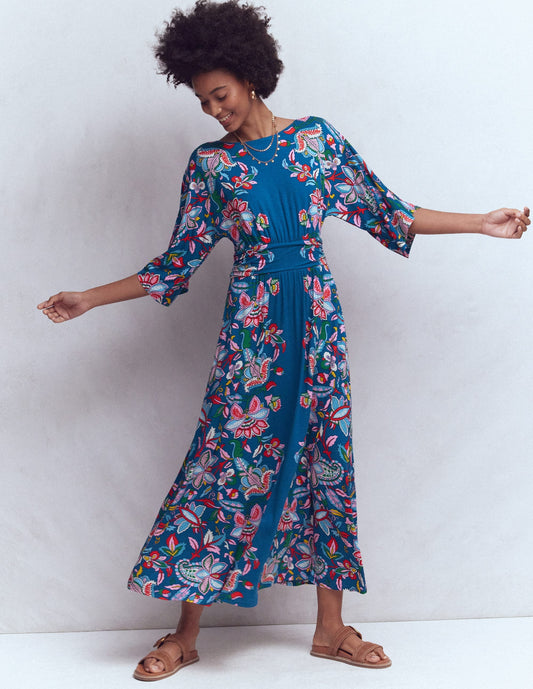 Imelda Kimono Jersey Dress-Blue, Botanical Trail