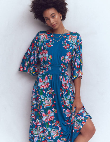 Imelda Kimono Jersey Dress-Blue, Botanical Trail