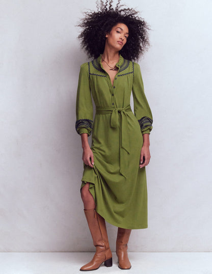 Embroidered Jersey Shirt Dress-Olive