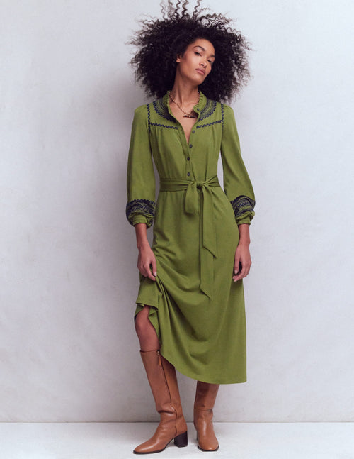 Embroidered Jersey Shirt Dress-Olive