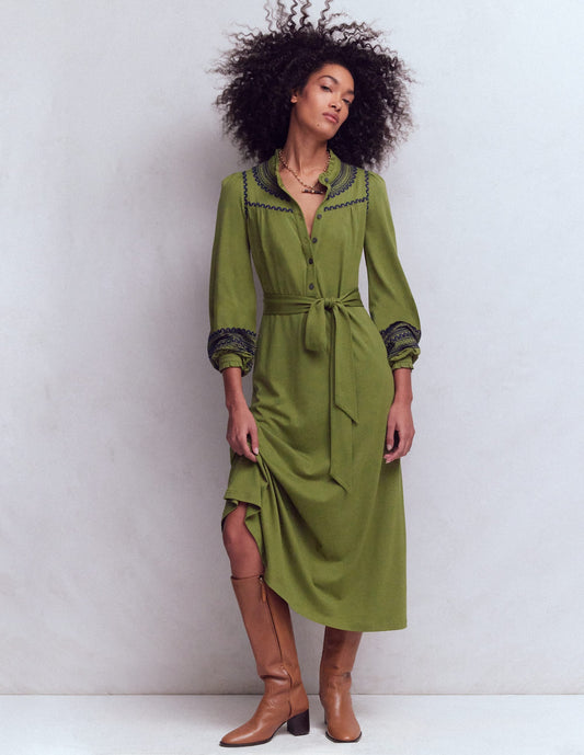 Embroidered Jersey Shirt Dress-Olive