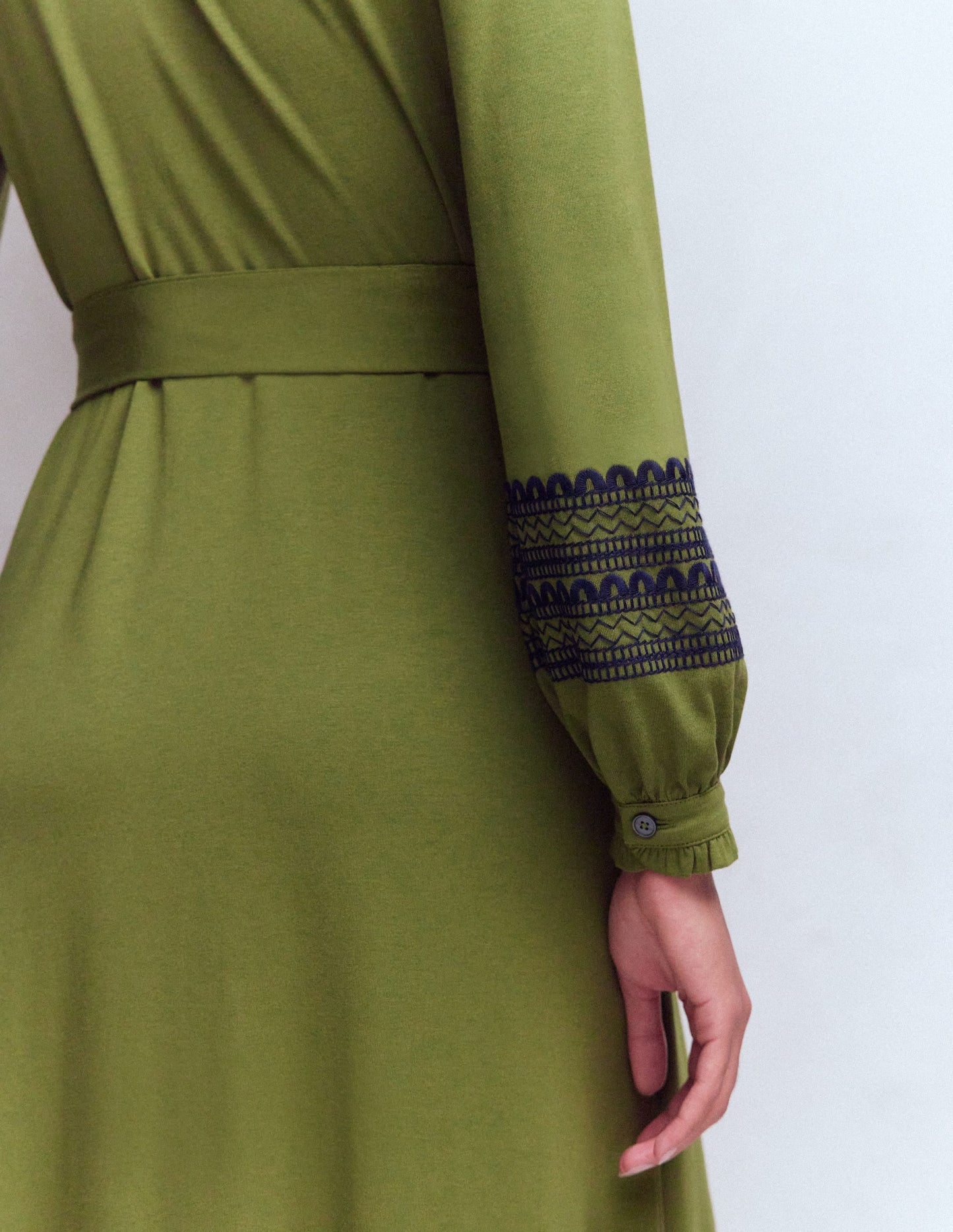 Embroidered Jersey Shirt Dress-Olive