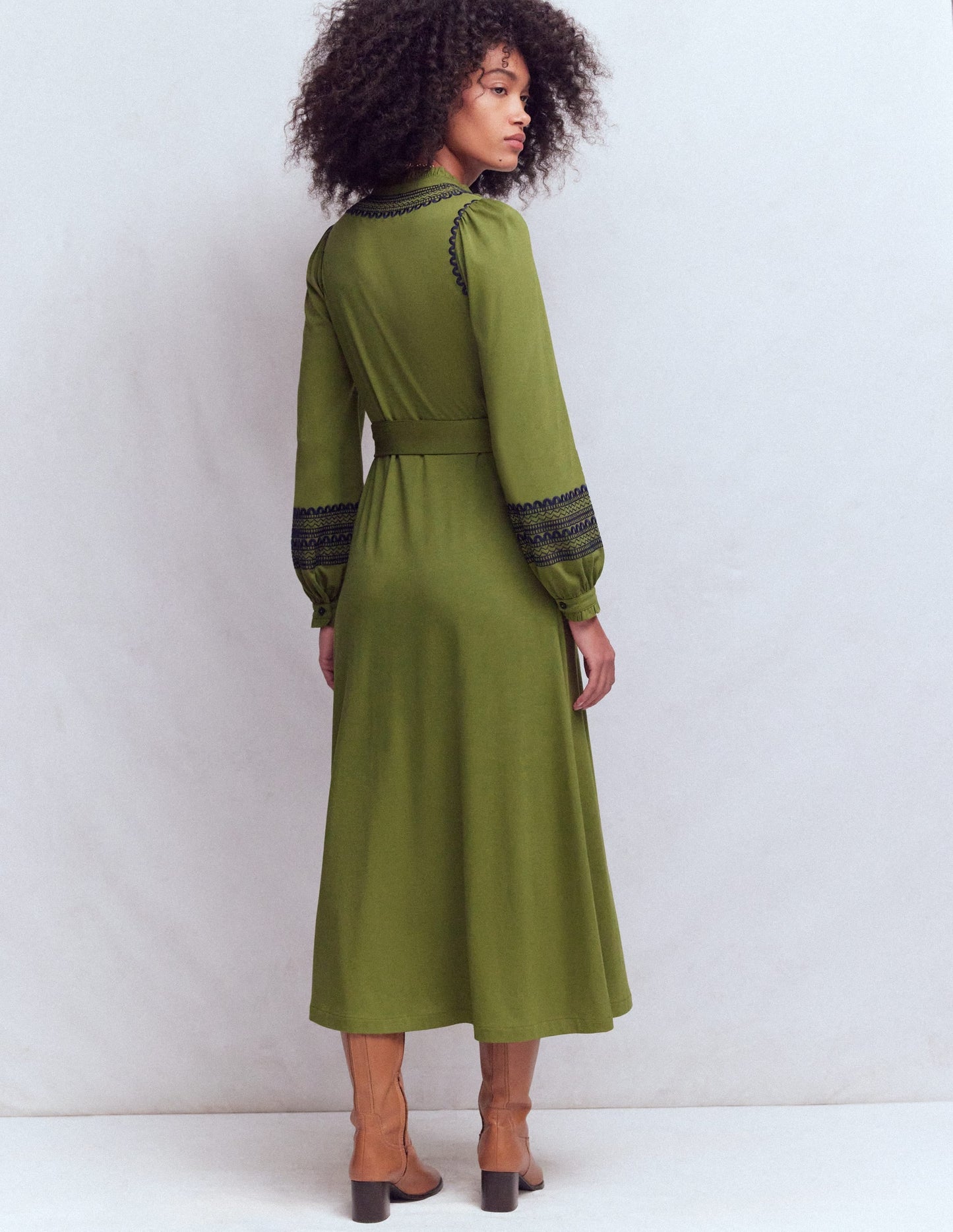 Embroidered Jersey Shirt Dress-Olive