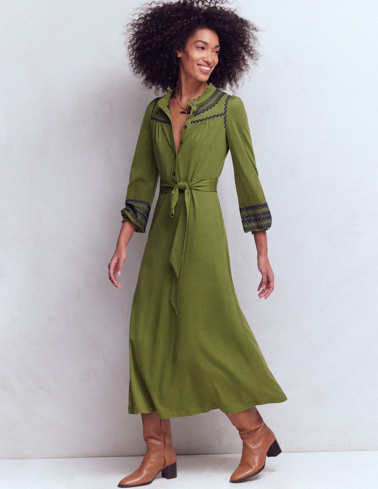 Embroidered Jersey Shirt Dress-Olive