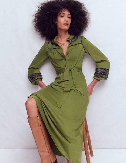 Embroidered Jersey Shirt Dress-Olive