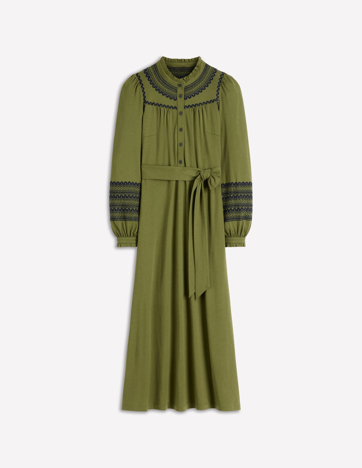 Embroidered Jersey Shirt Dress-Olive