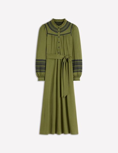 Embroidered Jersey Shirt Dress-Olive