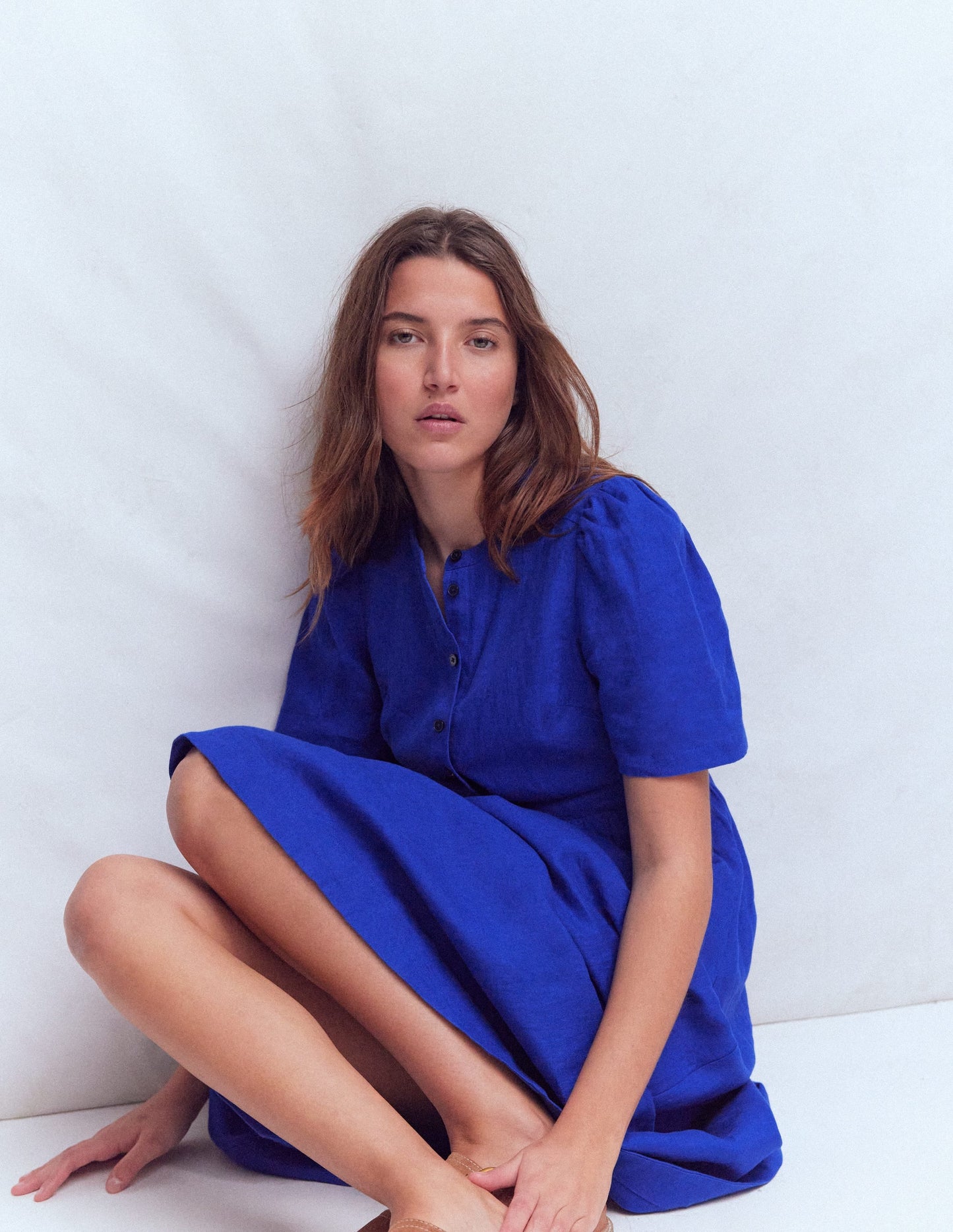 Ivy Button Linen Midi Dress-Bright Blue