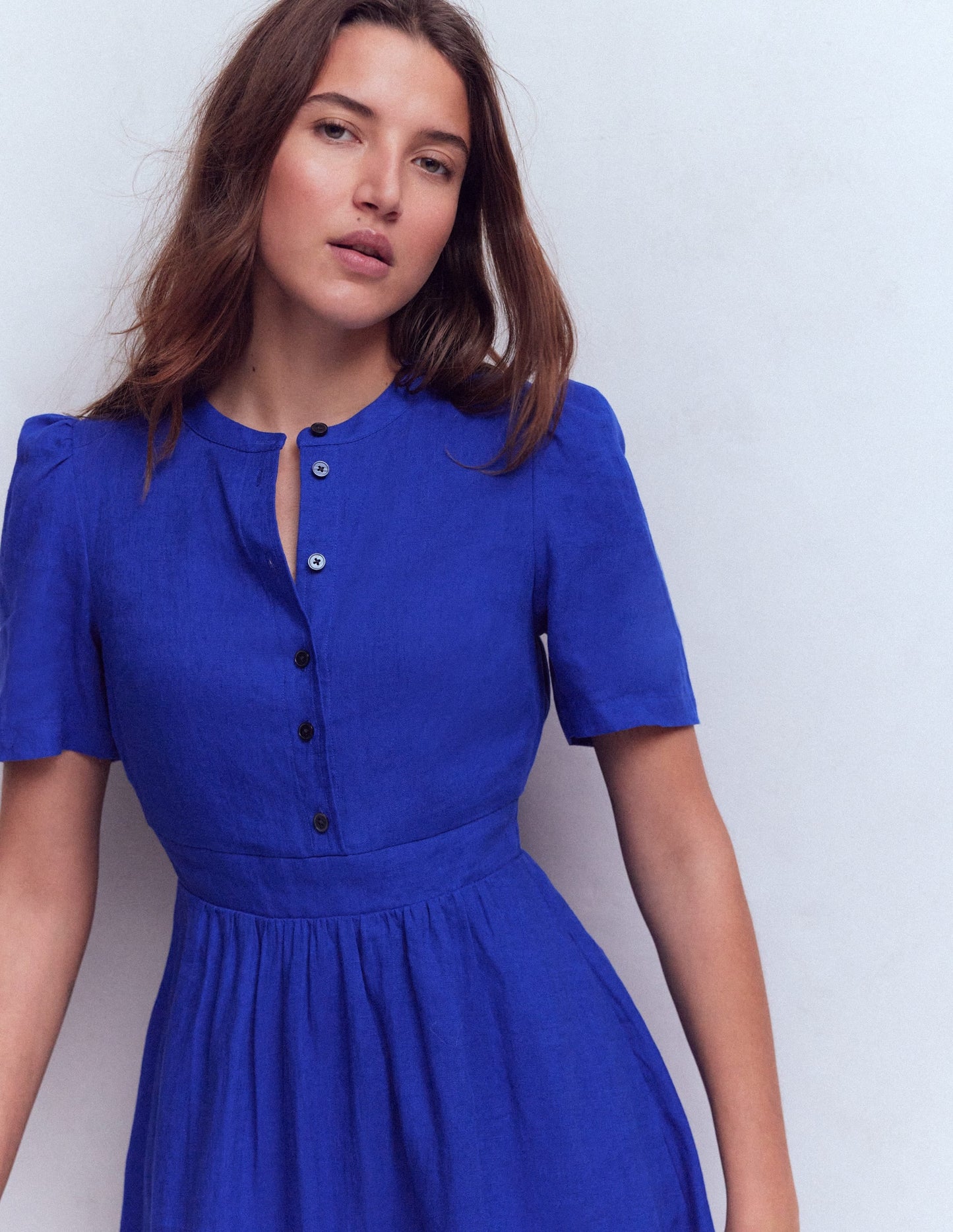 Ivy Button Linen Midi Dress-Bright Blue