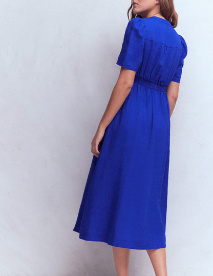 Ivy Button Linen Midi Dress-Bright Blue
