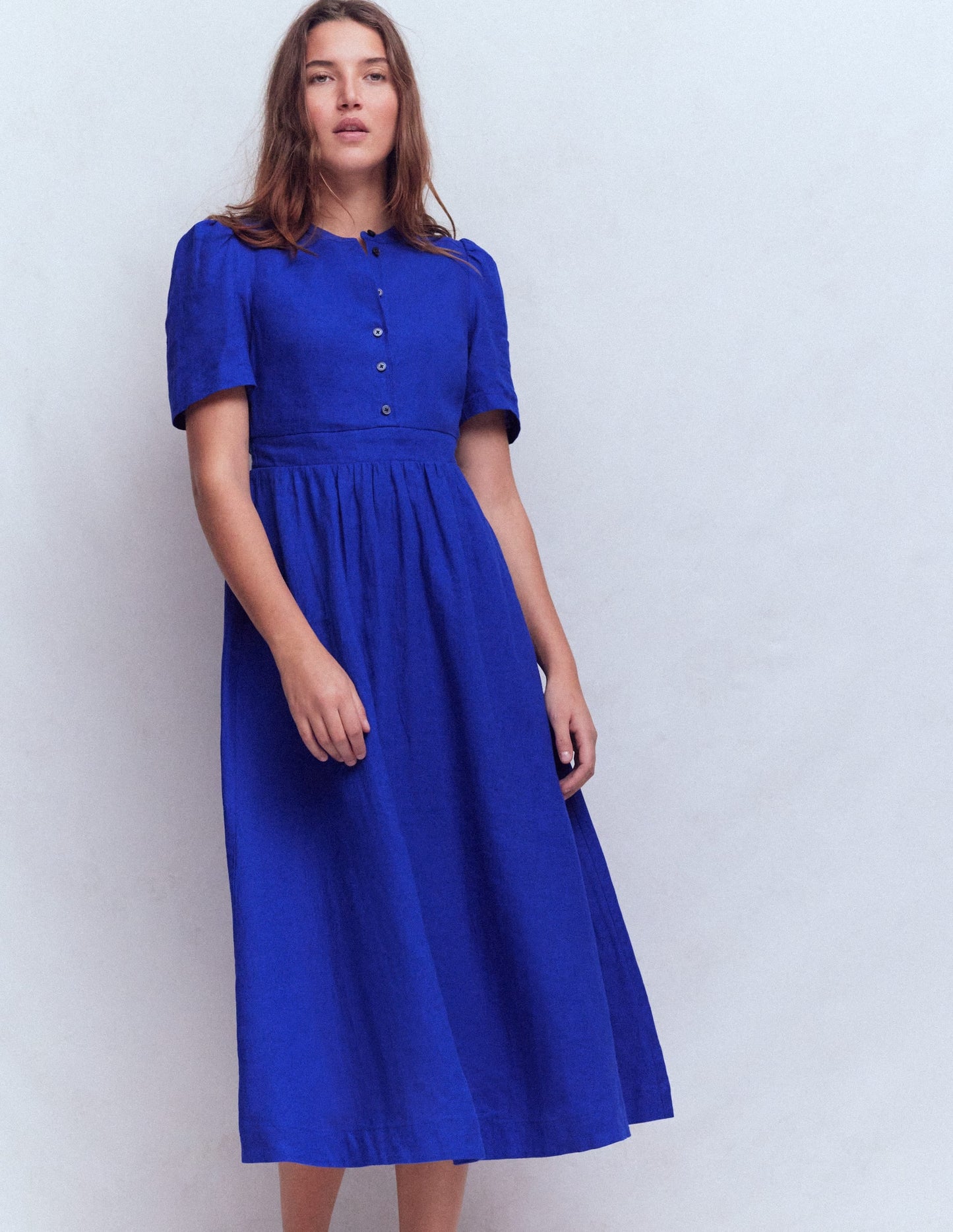 Ivy Button Linen Midi Dress-Bright Blue