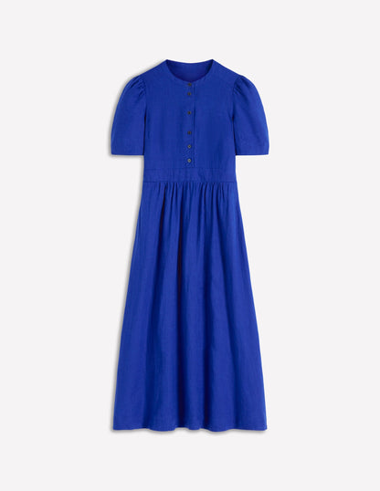 Ivy Button Linen Midi Dress-Bright Blue