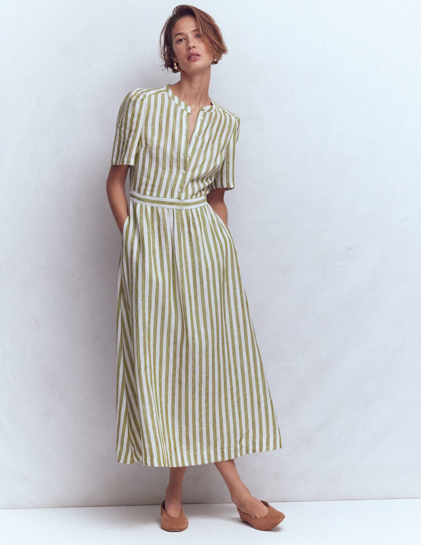 Ivy Button Linen Midi Dress-Olive, Ivory Stripe
