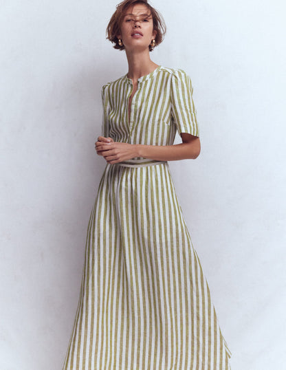 Ivy Button Linen Midi Dress-Olive, Ivory Stripe