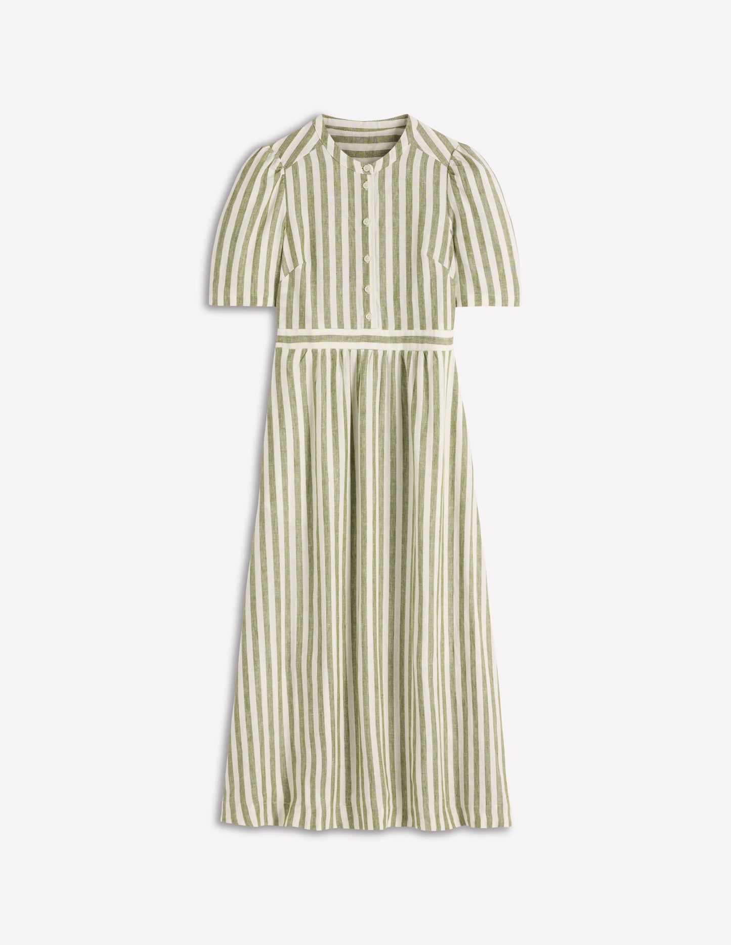Ivy Button Linen Midi Dress-Olive, Ivory Stripe