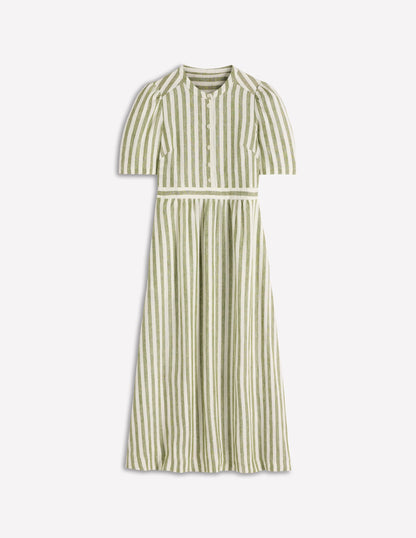 Ivy Button Linen Midi Dress-Olive, Ivory Stripe