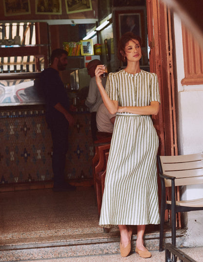 Ivy Button Linen Midi Dress-Olive, Ivory Stripe