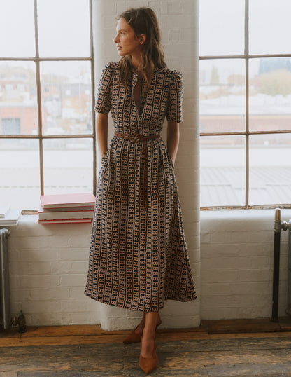 Ivy Button Linen Midi Dress-French Navy, Rope Trellis