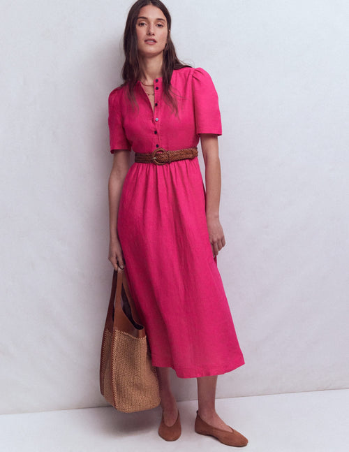 Ivy Button Linen Midi Dress-Pink Peony
