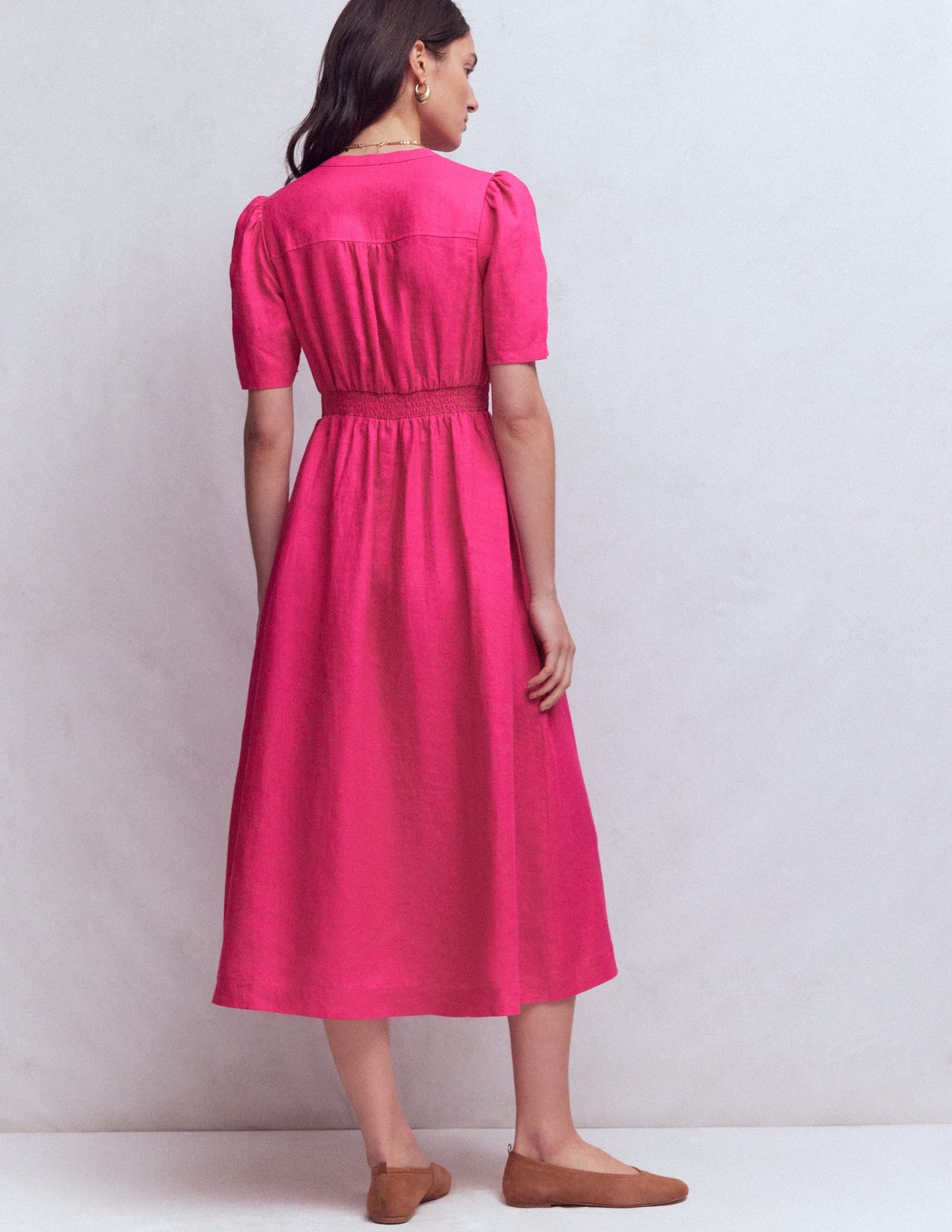 Ivy Button Linen Midi Dress-Pink Peony