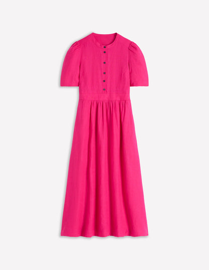 Ivy Button Linen Midi Dress-Pink Peony