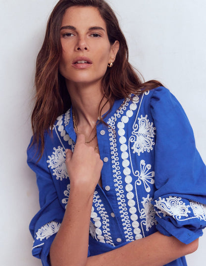Ava Linen Blend Midi Dress-Blue Embroidery