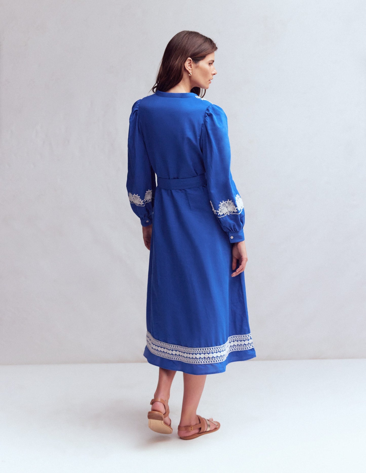 Ava Linen Blend Midi Dress-Blue Embroidery