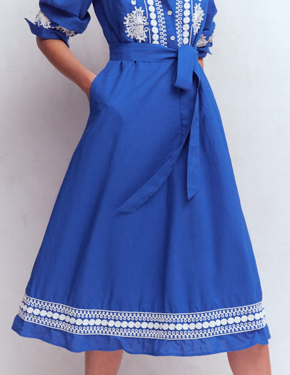 Ava Linen Blend Midi Dress-Blue Embroidery