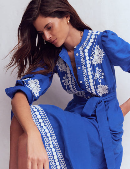 Ava Linen Blend Midi Dress-Blue Embroidery
