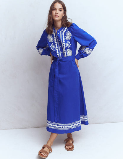 Ava Linen Blend Midi Dress-Blue Embroidery