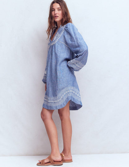 Pia Linen Yoke Tassel Dress-Chambray Embroidery