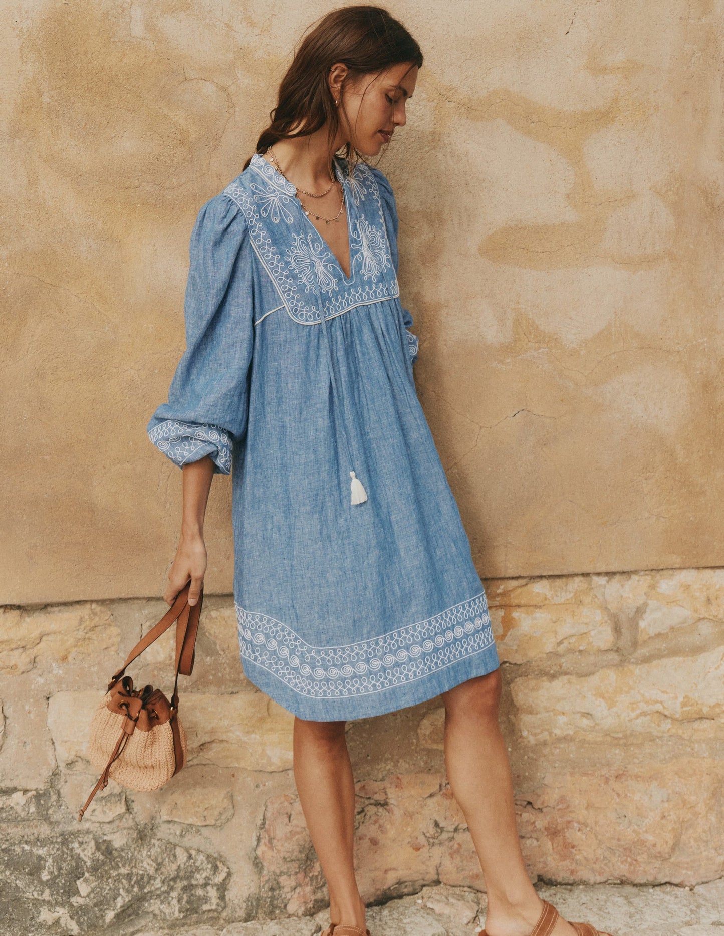 Pia Linen Yoke Tassel Dress-Chambray Embroidery