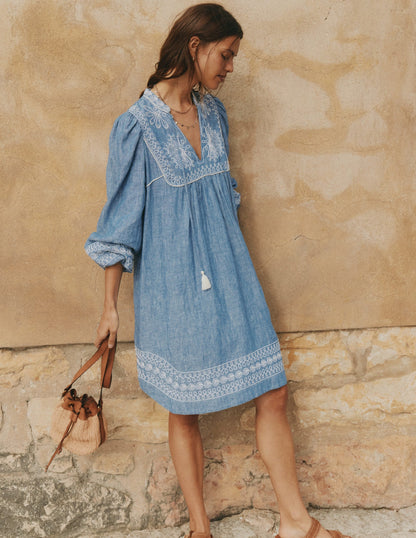Pia Linen Yoke Tassel Dress-Chambray Embroidery