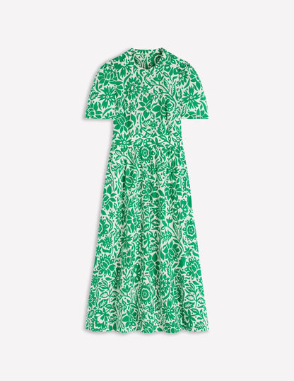 Ivy Button Cotton Midi Dress-Verdant Green, Meadow Scatter