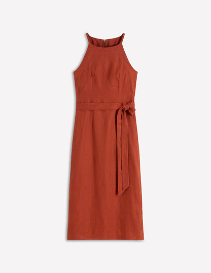 Rosa Halter Linen Midi Dress-Burnt Orange