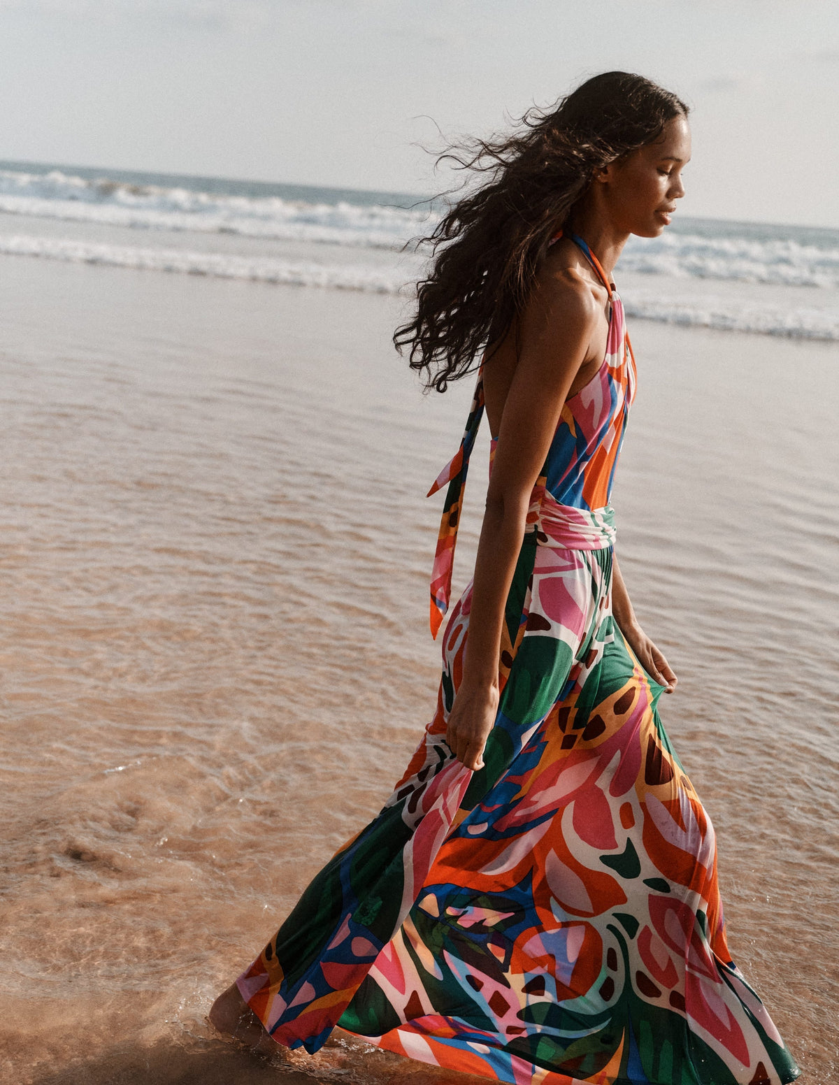 Sydney Twist Neck Jersey Dress-Multi, Leafy Cascade