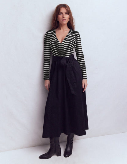 Long Sleeve Mix Media Dress-Black Stripe