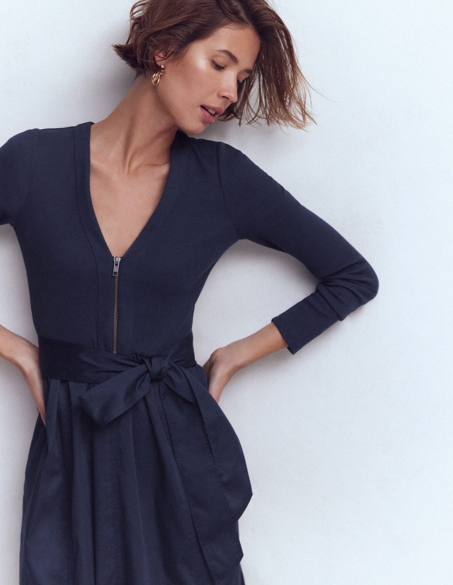 Long Sleeve Mix Media Dress-Navy