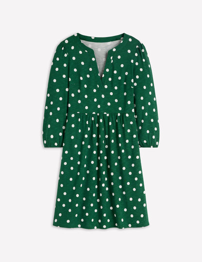 Cathy Notch Neck Jersey Dress-Hunter Green, Painted Dot