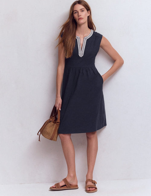 May Embroidered Short Dress-Navy