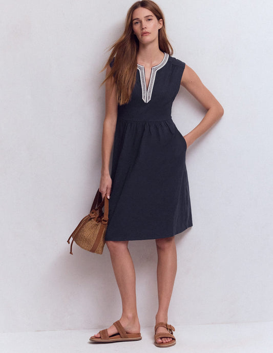 May Embroidered Short Dress-Navy