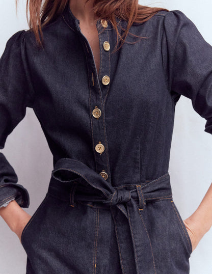 Bootcut Button Denim Jumpsuit-Indigo