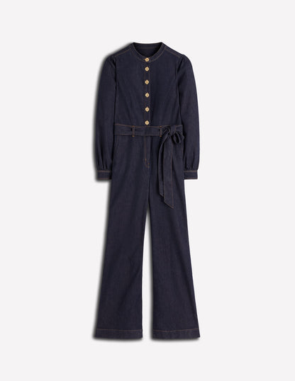 Bootcut Button Denim Jumpsuit-Indigo