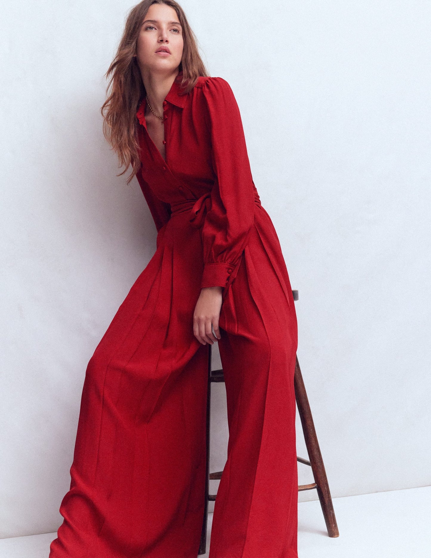 Button Up Palazzo Jumpsuit-Red