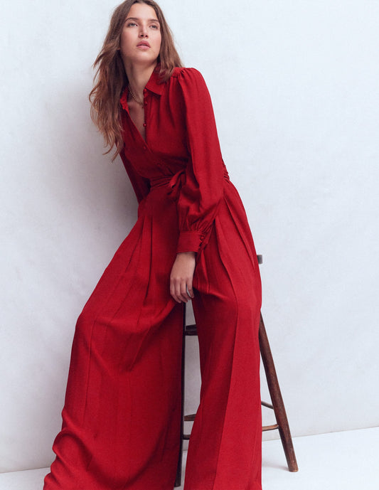 Button Up Palazzo Jumpsuit-Red